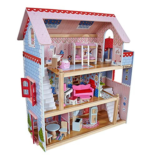 Wooden Doll House Toy with 16 Piece Doll-House Furniture Set –