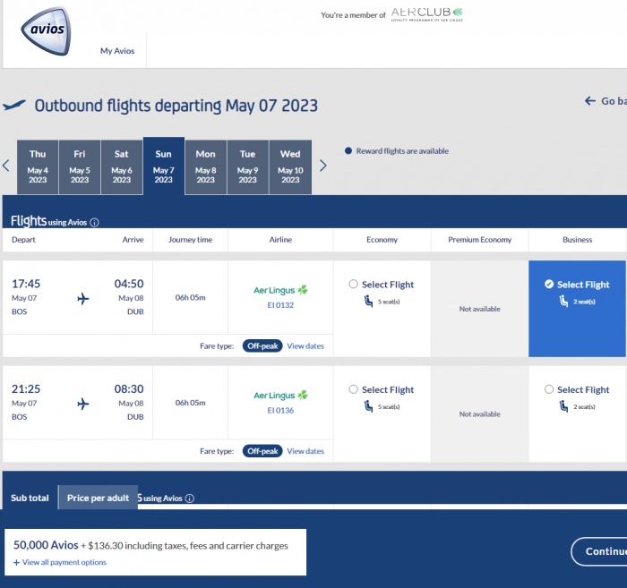 Wide Open Aer Lingus Business Class Saver Award Space