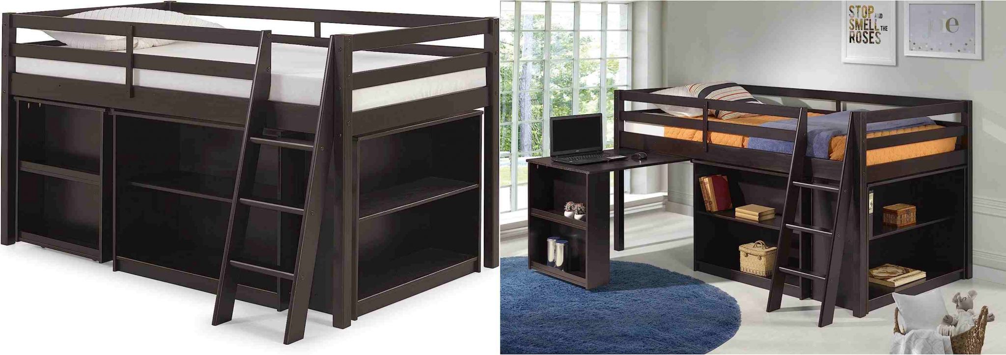 Roxy Wood Junior Loft Bed With PullOut Desk, Shelving, And Bookcase