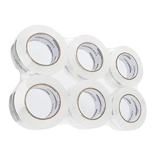 Amazon Basics Strong Plastic Adhesive Packaging Tape for Shipping, Moving and Storage, Water Base, Crystal Clear, Low Odor, 1.88-Inch x 109 Yards, 6-Pack