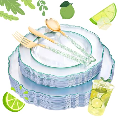 Liacere 150PCS Clear and Green Plastic Plates - Disposable Plates with Glitter Bamboo Handle Cutlery - 60 Baroque Elegant Plates,30Forks,30Spoons,30Knives for St. Patrick's Party