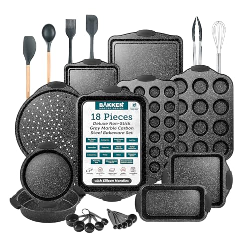 BAKKENMASTER 18-Piece Kitchen Oven Baking Set: Nonstick Gray Marble Coating, Carbon Steel Bakeware, Silicone Handles, Dishwasher Safe, Professional Quality, PFOA-Free
