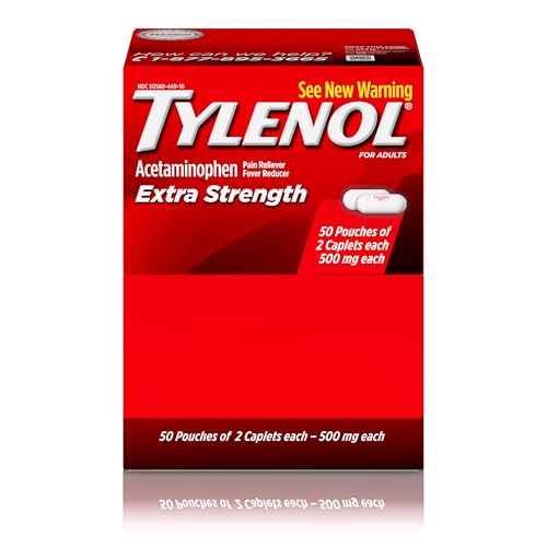 Tylenol Extra Strength Caplets with 500 mg Acetaminophen, Pain Reliever and Fever Reducer for Headache, Backache & Menstrual Pain Relief, 2-Caplet Pouches, 50 Count