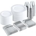 bUCLA 600pcs Silver Plastic Dinnerware Set for 100 Guests - Silver Christmas Dinnerware Set Disposable for Party - Include 100 Dinner Plates,100 Dessert Plates,100Cups,100 Knives,100 Forks,100 Spoons