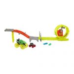 Hot Wheels Monster Trucks Track Set & 2 Toy Trucks: Oversized Skelesaurus & 1:64 Scale Bone Shaker, Race & Chase Challenge with 2 Crushed Cars