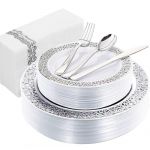 WDF 150PCS Silver Plates and Napkins Dinnerware - Lace Design Silver Plates Disposable Include 25Dinner Plate,25Salad Plate,25Forks,25Knives,25Spoons,25Napkins