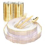WDF 30Guest Clear and Gold Plastic Plates with Gold Plastic Silverware include 30 Dinner Plates,30 Salad Plates,30 Forks, 30 Knives,30 Spoons,30 Cups for Weddings, Parties