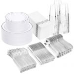WDF Partyware 350 Pcs Silver Plastic Plates - Silver Dinnerware Set of 50 Dinner Plates 50 Dessert Plates 50 Silverware 50 Napkins 50 Cups for Party&Wedding